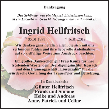 Traueranzeige von Ingrid Hellfritsch von WVG - Wochenspiegel Dessau / Köthen