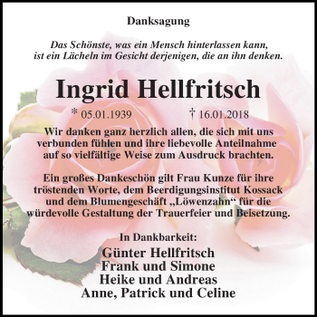 Traueranzeige von Ingrid Hellfritsch von Mitteldeutsche Zeitung Dessau-Roßlau