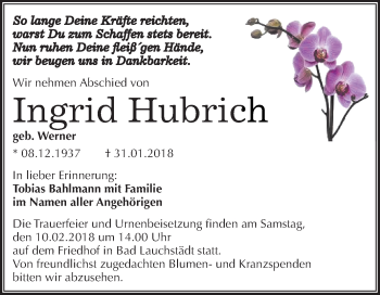 Traueranzeige von Ingrid Hubrich von Mitteldeutsche Zeitung Merseburg/Querfurt