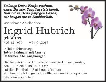 Traueranzeige von Ingrid Hubrich von WVG - Wochenspiegel Merseburg