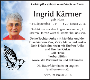 Traueranzeige von Ingrid Kärmer von Mitteldeutsche Zeitung Zeitz