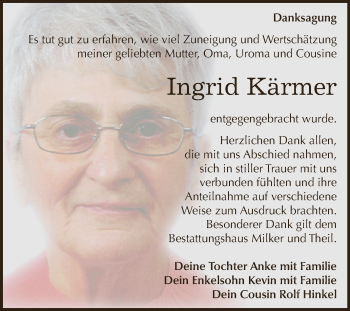 Traueranzeige von Ingrid Kärmer von Super Sonntag Zeitz
