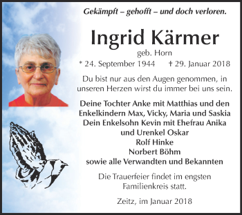Traueranzeige von Ingrid Kärmer von Super Sonntag Zeitz