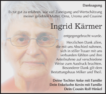 Traueranzeige von Ingrid Kärmer von Mitteldeutsche Zeitung Zeitz