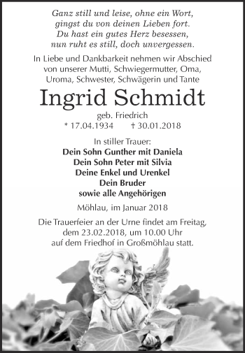 Traueranzeige von Ingrid Schmidt von WVG - Wochenspiegel Wittenberg