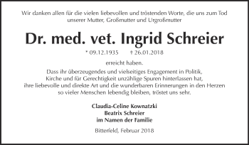 Traueranzeige von Ingrid Schreier von WVG - Wochenspiegel Bitterfeld