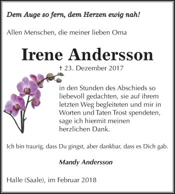 Traueranzeige von Irene Andersson von Mitteldeutsche Zeitung Halle/Saalkreis