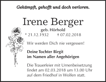 Traueranzeige von Irene Berger von WVG - Wochenspiegel Bitterfeld