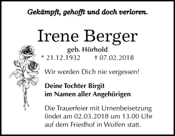 Traueranzeige von Irene Berger von Mitteldeutsche Zeitung Bitterfeld