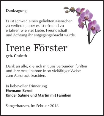 Traueranzeige von Irene Förster von Mitteldeutsche Zeitung Sangerhausen