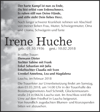 Traueranzeige von Irene Huche von WVG - Wochenspiegel NMB / WSF / ZTZ
