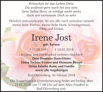 Traueranzeige von Irene Jost von Super Sonntag Merseburg
