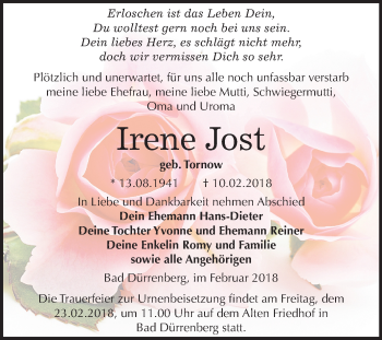Traueranzeige von Irene Jost von Mitteldeutsche Zeitung Merseburg/Querfurt