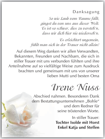 Traueranzeige von Irene Nuss von Super Sonntag Merseburg