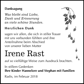 Traueranzeige von Irene Rast von WVG - Wochenspiegel Wittenberg