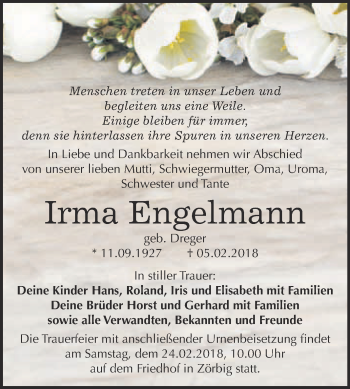 Traueranzeige von Irma Engelmann von WVG - Wochenspiegel Bitterfeld