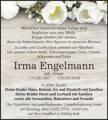 Traueranzeige von Irma Engelmann von Mitteldeutsche Zeitung Bitterfeld