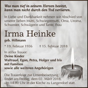 Traueranzeige von Irma Heinke von Super Sonntag Zeitz