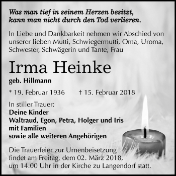 Traueranzeige von Irma Heinke von Mitteldeutsche Zeitung