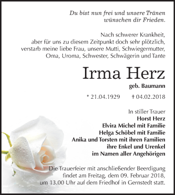 Traueranzeige von Irma Herz von Mitteldeutsche Zeitung