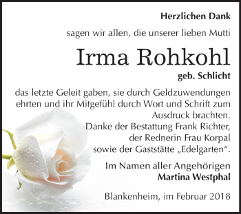 Traueranzeige von Irma Rohkohl von Mitteldeutsche Zeitung Sangerhausen