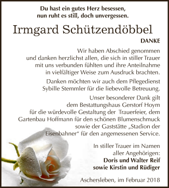 Traueranzeige von Irmgard Schützendöbbel von Super Sonntag Aschersleben