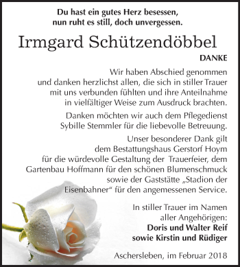 Traueranzeige von Irmgard Schützendöbbel von Mitteldeutsche Zeitung Aschersleben