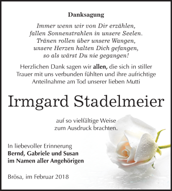 Traueranzeige von Irmgard Stadelmeier von Mitteldeutsche Zeitung Bitterfeld