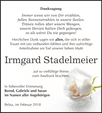 Traueranzeige von Irmgard Stadelmeier von WVG - Wochenspiegel Bitterfeld