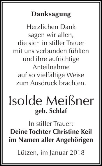 Traueranzeige von Isolde Meißner von Super Sonntag Merseburg