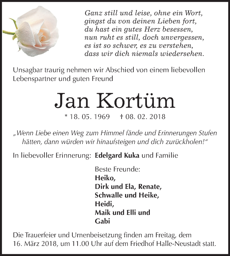  Traueranzeige für Jan Kortüm vom 24.02.2018 aus Mitteldeutsche Zeitung Halle/Saalkreis