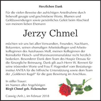 Traueranzeige von Jerzy Chmel von Super Sonntag Wittenberg