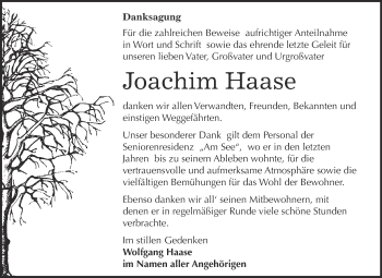 Traueranzeige von Joachim Haase von WVG - Wochenspiegel Bitterfeld
