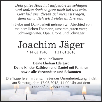 Traueranzeige von Joachim Jäger von WVG - Wochenspiegel Bitterfeld
