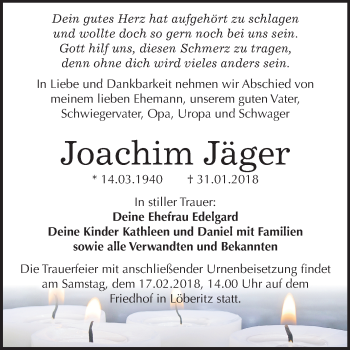 Traueranzeige von Joachim Jäger von Mitteldeutsche Zeitung Bitterfeld