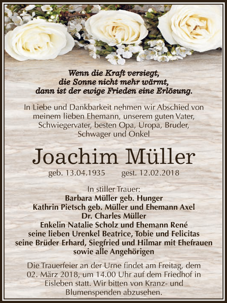  Traueranzeige für Joachim Müller vom 24.02.2018 aus Super Sonntag SGH Mansf. Land