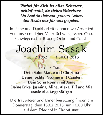 Traueranzeige von Joachim Sasak von WVG - Wochenspiegel Dessau / Köthen