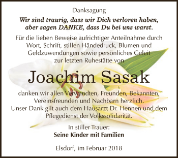 Traueranzeige von Joachim Sasak von WVG - Wochenspiegel Dessau / Köthen