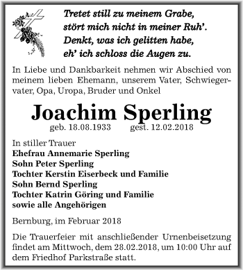 Traueranzeige von Joachim Sperling von Mitteldeutsche Zeitung Bernburg