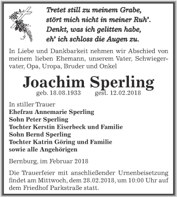 Traueranzeige von Joachim Sperling von Super Sonntag Bernburg