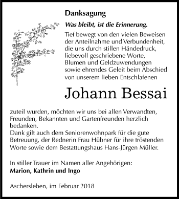 Traueranzeige von Johann Bessai von Mitteldeutsche Zeitung Aschersleben