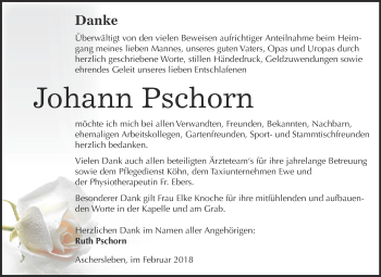 Traueranzeige von Johann Pschorn von Super Sonntag Aschersleben