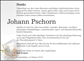 Traueranzeige von Johann Pschorn von Mitteldeutsche Zeitung Aschersleben