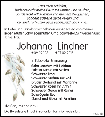 Traueranzeige von Johanna Lindner von Mitteldeutsche Zeitung Zeitz