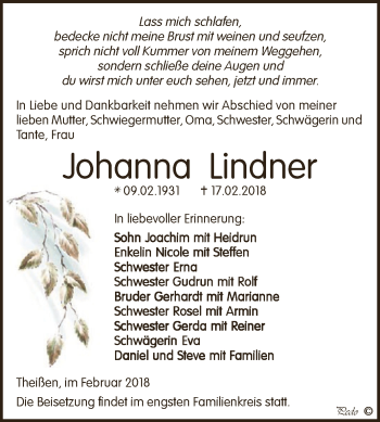 Traueranzeige von Johanna Lindner von Super Sonntag Zeitz