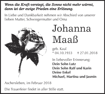 Traueranzeige von Johanna Maaß von Super Sonntag Aschersleben