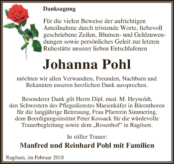 Traueranzeige von Johanna Pohl von WVG - Wochenspiegel Dessau / Köthen
