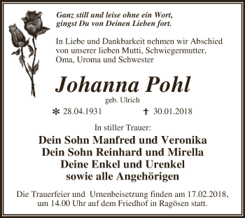 Traueranzeige von Johanna Pohl von WVG - Wochenspiegel Dessau / Köthen
