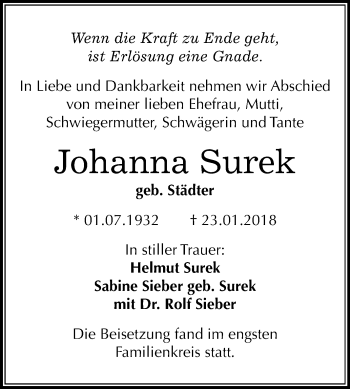 Traueranzeige von Johanna Surek von Mitteldeutsche Zeitung Halle/Saalkreis