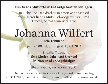 Traueranzeige von Johanna Wilfert von Mitteldeutsche Zeitung Weißenfels